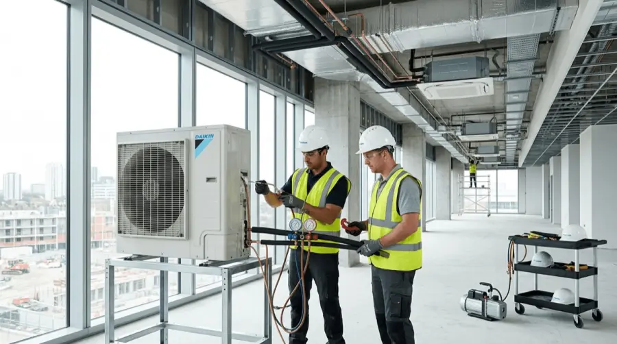 Técnicos de ZT Clima instalando un equipo de climatización en obra